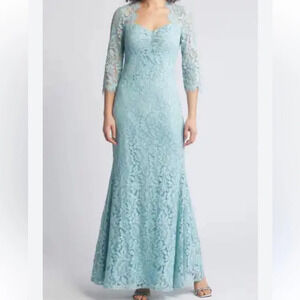 Eliza J Aqua Lace Long Sleeve Gown